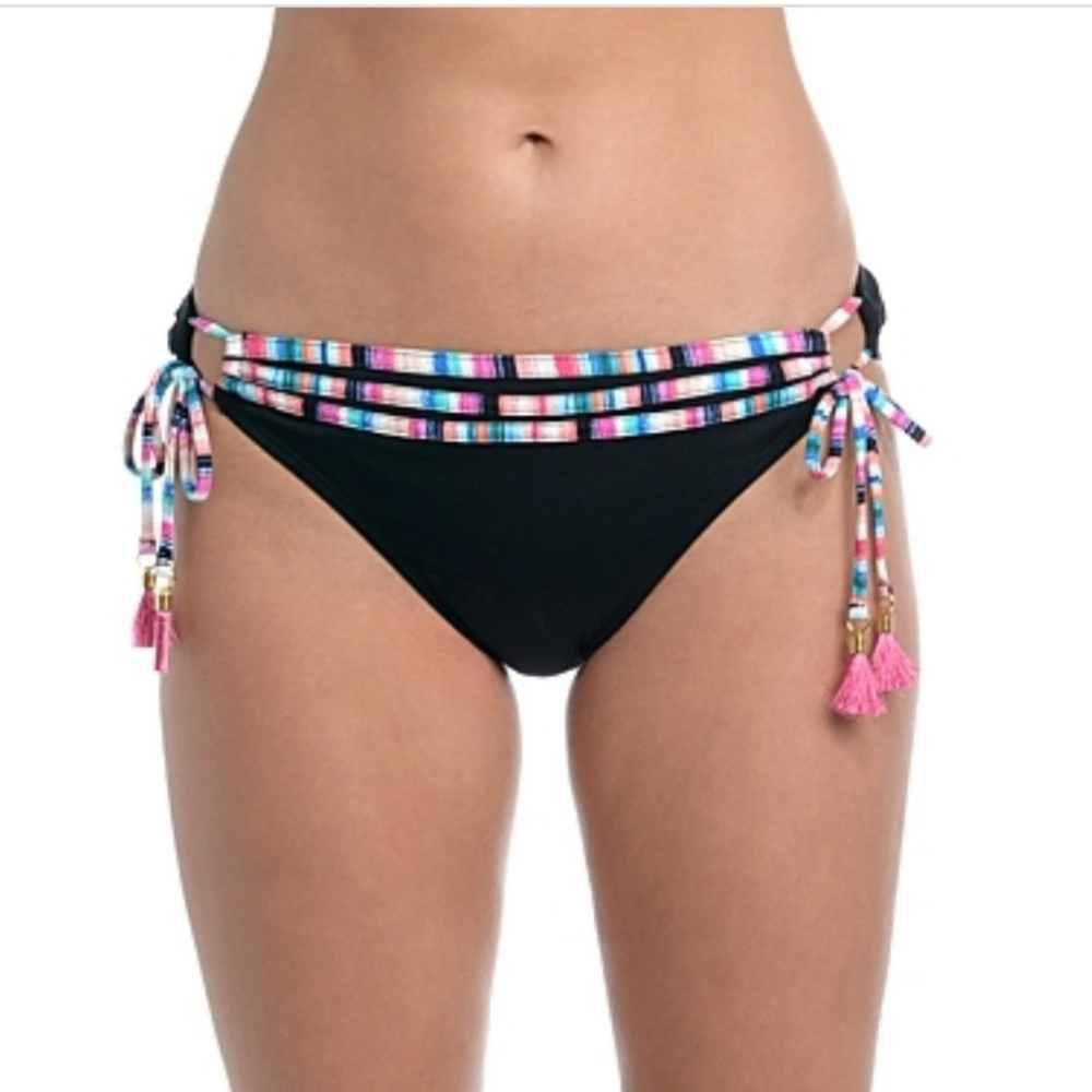 La Blanca Black Tasseled Waist Tie Swim Hipster Bikini Bottom Size 16 NWT
